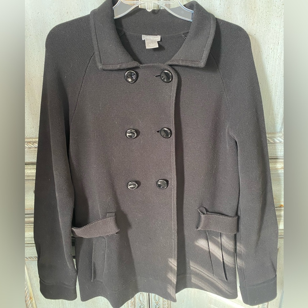 Ann Taylor 100% Cotton Black Double-Breasted Jacket/Sweater